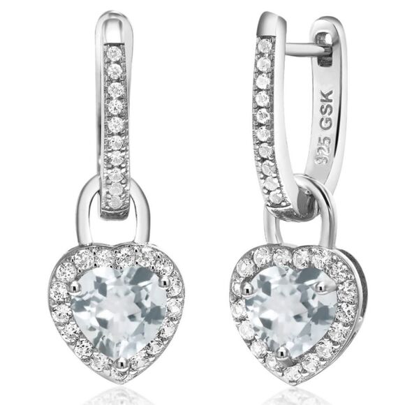 BijouStudios Earrings Jewelry - 925 Sterling Silver 1.84 Cttw Light Aquamarine and White Sapphire Heart Earrings